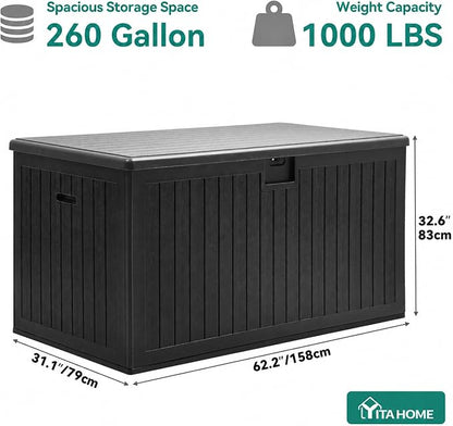 YITAHOME 260 Gallon Double-Wall Deck Box with Divider & Side Handles | Outdoor Large Storage for Patio Furniture Cushions, Garden Pool Accessories, Water Resistant & Lockable