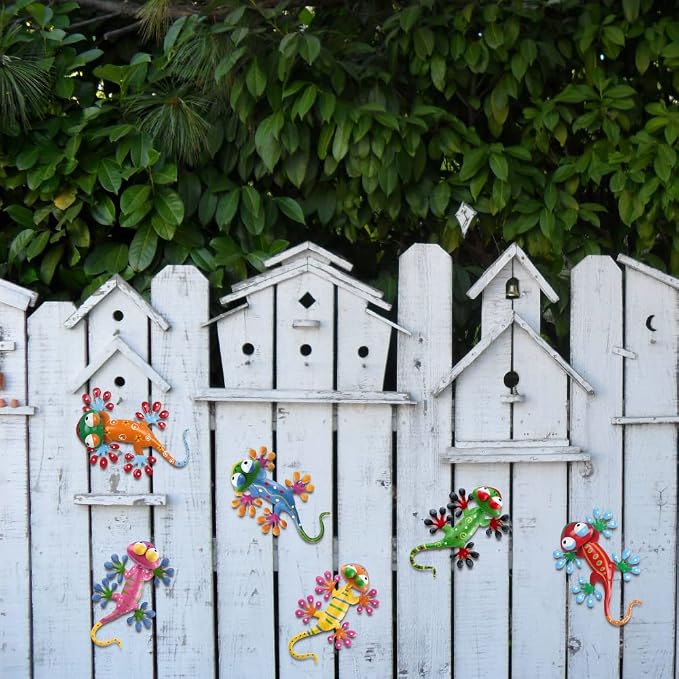 hogardeck Metal Gecko Outdoor Wall Decor, 6 Pack Lizard Wall Art Garden Sculptures & Statues with Free-Adjustable Head Outdoor Spring Decor for Front Yard Fence Patio