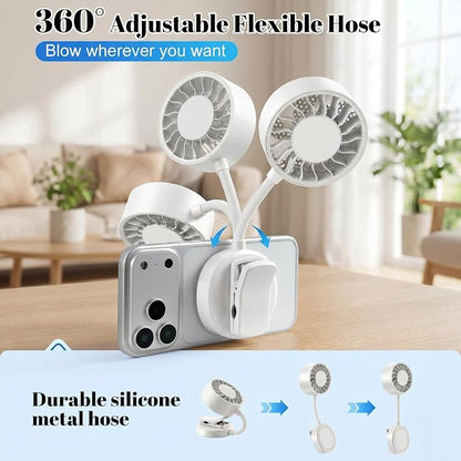 Magnetic Phone Fan, Small Portable Fan & Phone Stand with 360° Flexible Gooseneck, 3 Speeds, Wide Airflow, Rechargeable, Pocket Size for Women, Travel, Beach, Summer Cooling, Makeup Use, White