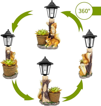 Solar Squirrels Outdoor Statues, Garden Sculptures with Flowerpot Decor & Solar Lantern for Yard Art Lawn Ornaments Porch Patio Balcony - Birthday Gifts for Women Mom
