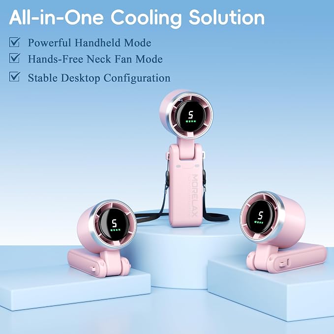 Morelax Personal Handheld Fan,High-Speed Turbo Fans,5-Speed with LED Display,Powerful Motor,4000mAh,USB Rechargeable Portable Cooling Fan for Outdoor Activities,Travel,Working,Pink