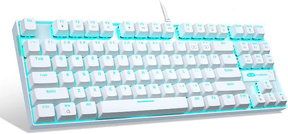 MageGee Mechanical Gaming Keyboard with Blue Switch, Compact 87 Keys Wired Computer Keyboard for Windows Laptop PC Gamer, LED Ice Blue Backlit, White