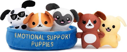 Emotional Support Puppies by Relatable, Cuddly Stuffed Animals, Plushies, and Cute Stuff, Great Gift Ideas for Loved Ones of All Ages, Includes 5 Plushies with Carrying Basket