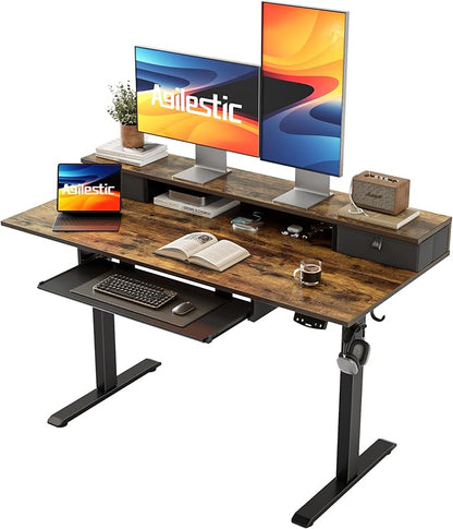 Electric Standing Desk with 2 Drawers and Keyboard Tray, 48 x 24 Inches Ergonomic Adjustable Height Desk with Storage, Sit Stand Computer Workstation, Rustic Brown