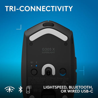 Logitech G305 X Superlight Wireless Gaming Mouse - Black | 59g Lightweight, 44K DPI, 678 IPS, Wireless 2.4 GHz/Bluetooth/USB-C, <170 hr Battery, 6 buttons, RGB, PC/Mac Compatible