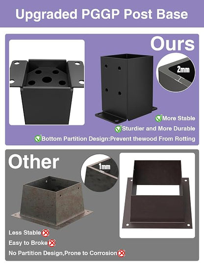 2 PCS Metal 4×4 Post Base, Inner Size 3.5"x3.5" | Heavy Duty Post Bracket, Anti-Corrosive Partition, Powder-Coated, For Pavilion Deck Railing Support