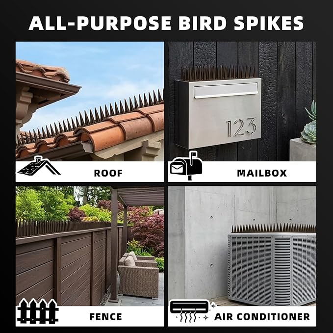 Bird Spikes, 24 Pack, 33.5 FT Total Coverage, Outdoor Bird Deterrent for Pigeons and Small Birds, Helps Keep Cats and Squirrels Away, Plastic Spikes for Fences, Railings and Roofs, Brown