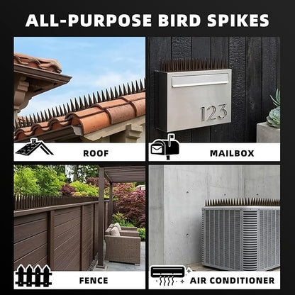 Bird Spikes, 24 Pack, 33.5 FT Total Coverage, Outdoor Bird Deterrent for Pigeons and Small Birds, Helps Keep Cats and Squirrels Away, Plastic Spikes for Fences, Railings and Roofs, Brown