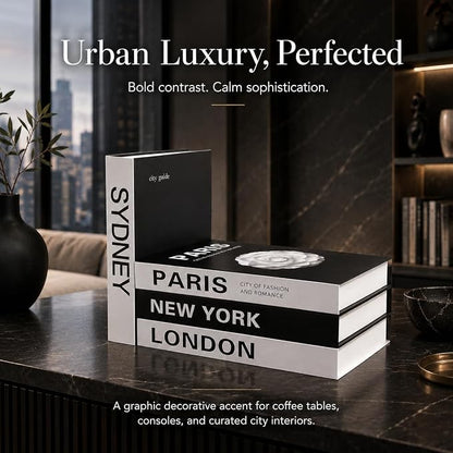 PROBENEX 4 Pcs Decorative Books | Faux Travel Coffee Table & Shelf Decor | Worldly Eclectic Look for Living Room, Office and Entryway - Not Real, Tool-Free 2-Min Setup