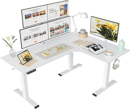 FEZIBO Triple Motor L-Shaped Electric Standing Desk, 63 Inches Height Adjustable Stand up Corner Desk, Sit Stand Workstation with Splice Board, White Frame/White Top