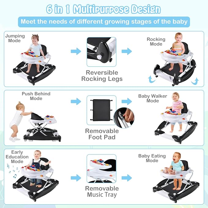 HONEY JOY Baby Walker, 6-in-1 Foldable Baby Walker and Bouncer Combo, Infant Activity Walker with Wheels, Adjustable Heights, Rocker, Music, Lights, Walker for Baby Boy Girl 7-14 Months (Black)