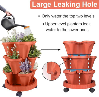 DUNCHATY Stackable Planters 3 Tier Vertical Garden Planting Tower Planters Strawberry, Herb, Flower, and Vegetable Planter Indoor Outdoor Gardening Pots with Removable Wheels and Tools