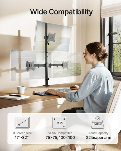 monTEK Triple Monitor Stand for 17-32" Screens, 22 lbs Each | Three-screen desk mount, height adjustment, tilt, swivel, rotation, clamp/grommet bases and VESA 75/100