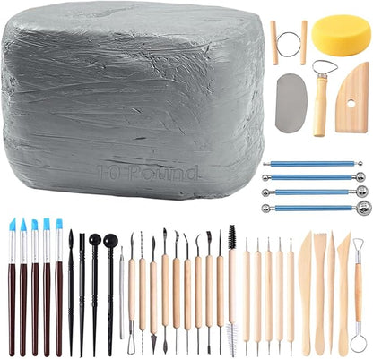 ReArt Natural Air-Dry Modeling Clay - 10LBs with 40 Pcs Pottery Sculpting Tool Set, All-Purpose Clay (Gray)