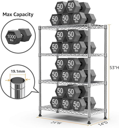1000 lbs Storage Shelving 4-Tier Utility Shelving Unit Steel Organizer Wire Rack for Home,Kitchen,Office,Chrome (13.7" D x 23.6" W x 53.4" H)