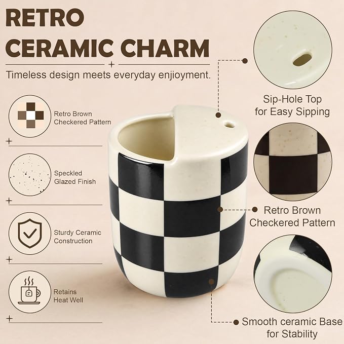 Ceramic Mug with Sip Hole 10 oz Novelty Checkered Coffee Mug | Hand Painted, Ceramic Cup, Heat Resistant, Non Slip, Built in One Lid Handcrafted Mugs for Coffee Lovers