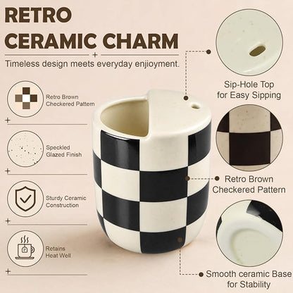 Ceramic Mug with Sip Hole 10 oz Novelty Checkered Coffee Mug | Hand Painted, Ceramic Cup, Heat Resistant, Non Slip, Built in One Lid Handcrafted Mugs for Coffee Lovers