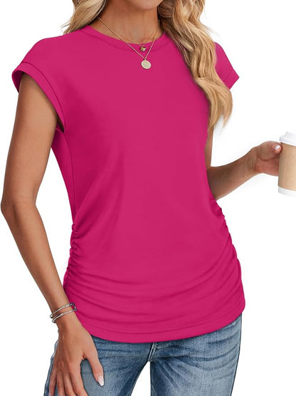 Sampeel Womens Summer Tops Trendy 2026 Ruched Cap Short Sleeve Tshirts Shirts Crew Neck T Shirts Fashion