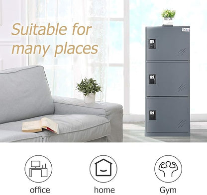MECOLOR Vertical Single Tier Small Locker with Padlock latche 2 or 3 Compartment Storage for Employee,Home,Office,School,Kids (Dark Grey, P3V)