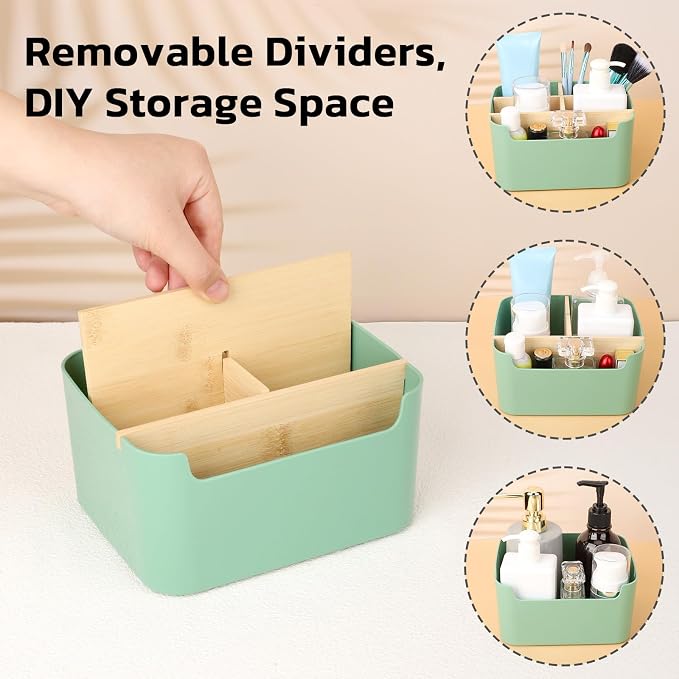 Segarty Green Remote Control Holder, Detachable Divided Bamboo Desk Organizer Caddy, Desktop Storage Box Pencil Pen Holder for Office Supplies Bedside Table Organizers