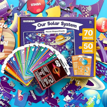 QUOKKA Solar System Puzzles for Kids Ages 4-6 - 70 Pcs Fun Kids Puzzles Ages 5-8 Preschool Floor Activities - Includes 50 Cards with 400+ Space Facts- Planet-Shaped Jigsaw Puzzle Gift for Girls Boys