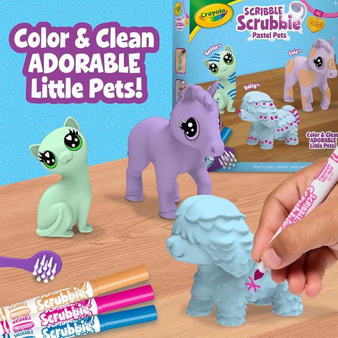 Crayola Scribble Scrubbie Pastel Pets (3ct), Grooming Animal Toy for Kids, Washable Animal Figurine, Kids Gift, Toys for Girls & Boys, 3+