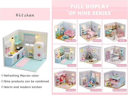 Kisoy Dollhouse Miniature with Furniture Kit, DIY 3D Wooden DIY House Kit A Corner of a Small Apartment Style with Dust Cover & LED,Handmade Tiny House Toys for Kids Adults Gift (Kitchen)