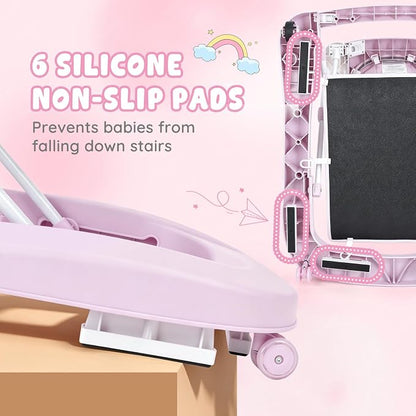Baby Walker with Wheels, 5-in-1 Foldable Push Walker for Baby Girls 6-12 Months, Baby Walker & Bouncer Combo, Adjustable Height, Music Light Infant Activity Center Bouncer Walker(Pink)