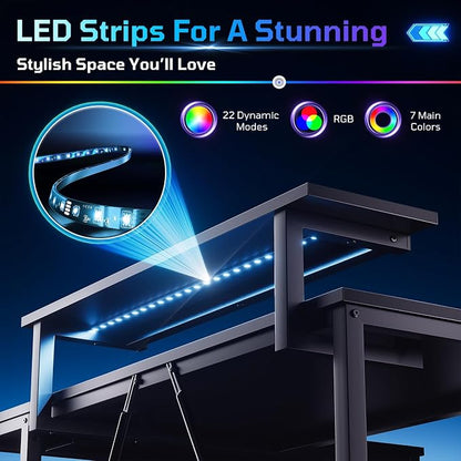 Bestier 42-Inch L-Shaped Computer Desk with Charging & LED, Black | Charging 2AC+USB+Type-C, RGB LED Strip, Reversible Shelves, Monitor Stand, Headphone Hook, Cable Mgmt, Small Space