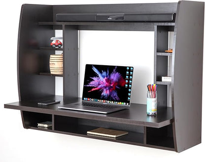 Wall Mount Laptop Office Desk with Shelves, Brown,