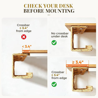 Handmade Rattan Under Desk Cable Management Tray 2 Pack, Natural | Easy Install with Adhesive or Screws, 33"Cord Organizer with 5M Cable Ties for Office Home, Effortless Wire Management