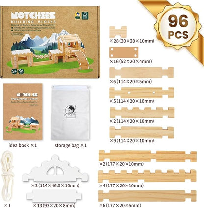 Jovi-mindly＆Notchies 96 PCS Wooden Blocks Wooden Toys with Storage Bag, Preschool Learning Toys Wood Blocks Building for Kids Ages 4-8 Creative Construction Game,FSC Certified,Birthday Toys Gifts