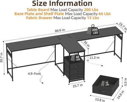 YOSHOOT 2 Person Computer Desk, 87" Long Gaming Desk for 2 People | Double Desk with 3 Fabric Drawers and 2 Power Outlets, Home Office Table for Adults and Teenagers, Black