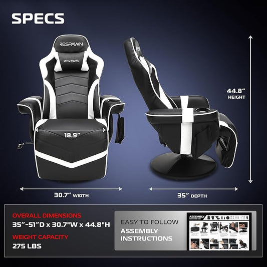 RESPAWN 900 Gaming Recliner Chair with Footrest, Cup Holder and Swivel | Ergonomic gaming recliner with footrest, cup holder, lumbar support, 135° recline & 360° swivel for console gaming