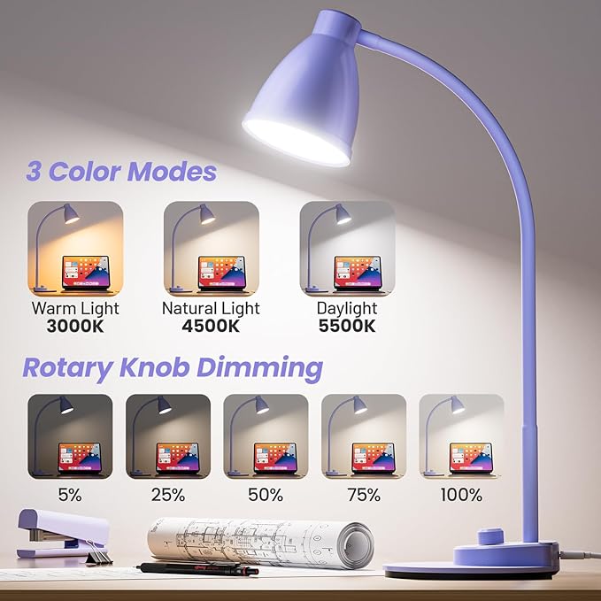 BOHON LED Desk Lamp with USB Charging Port, 3 Color Modes Fully Dimmable Reading Lamp, Auto Dimming Task Lamp, Flexible Gooseneck Table Light for Office Dorm Bedside, Adapter Include, Lilac Purple