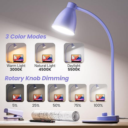 BOHON LED Desk Lamp with USB Charging Port, 3 Color Modes Fully Dimmable Reading Lamp, Auto Dimming Task Lamp, Flexible Gooseneck Table Light for Office Dorm Bedside, Adapter Include, Lilac Purple