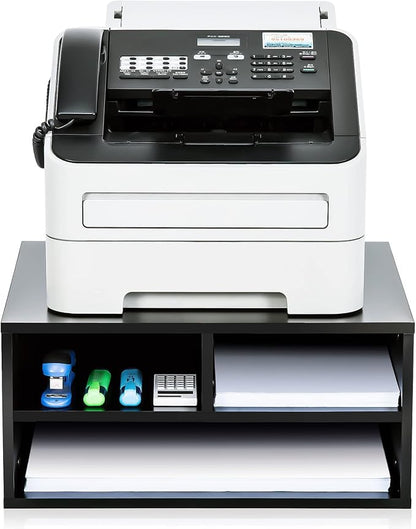 FITUEYES Large Printer Stands with 3 Storage Compartments, Desktop Paper Organizer Shelf for Home Office, 2-Tier Printer Riser, Black, 18.9" L x 15.7" W x 8.7" H