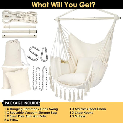 Y- STOP Hammock Chair Hanging Rope Swing, Max 500 Lbs, 2 Cushions Included, Large Macrame Hanging Chair with Pocket for Superior Comfort, with Hardware Kit (Beige)
