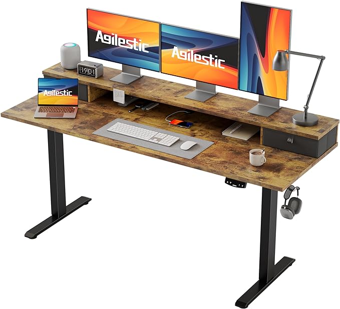63 x 24 Inches Height Adjustable Electric Standing Desk with 2 Drawers, Stand Up Electric Desk Adjustable Height, Sit Stand Computer Gaming Table with Splice Board, Rustic Brown