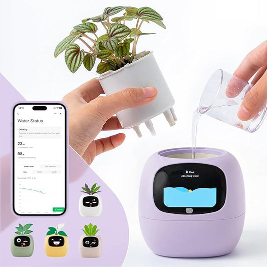 Smart Plant Pot with Visual Display – Soil Moisture, Water Level, Light & Battery Monitor, 80ml Self-Watering Reservoir, Supports 50+ Plants, Pomodoro Timer, Clock & Calendar (Purple)