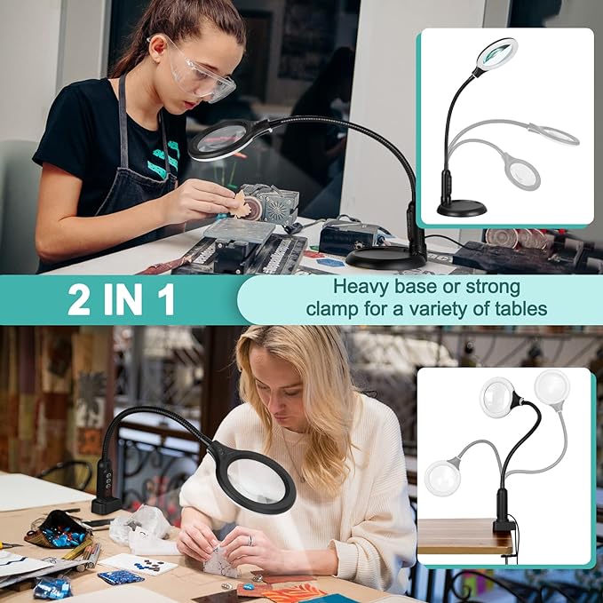 5X Magnifying Glass with Light and Clamp, 5 Color Modes Stepless Dimmable Lighted Magnifier with Stand, Flexible Gooseneck LED Desk Lamp hands Free for Craft Reading Painting Hobby Close Work