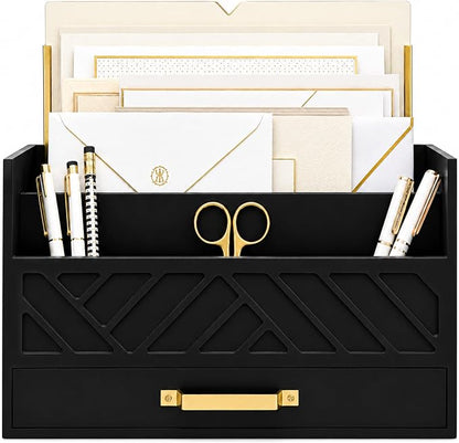 BLU MONACO | Wooden Mail Organizer with Drawer and Gold Handle | Mail Sorter Organizer Countertop for Desk | Outgoing Mail Holder and Letter Sorter for Desk Storage