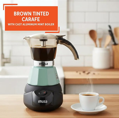 IMUSA 3 or 2 Cup Electric Espresso Maker with Cool-touch Handle, Mint | Polished Aluminum Finish, Keep Warm Function with Detachable Base, Brews Cuban and Italian Style, Perfect for Small Spaces