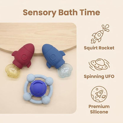 Bath Toys, 3 Pack Rocket & UFO Silicone Toy Set | Rocket squirt toy and spinning UFO bath toy. Soft silicone design for sensory water play, BPA-Free