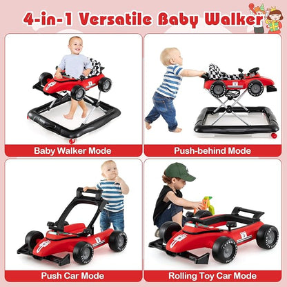 BABY JOY 4-in-1 Baby Walker, Foldable Activity Walker with Push Mode, Adjustable Height, Lights, Anti-Rollover, Baby Walker with Wheels for Boys Girls 6-18 Months (Red)