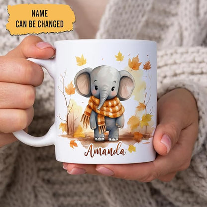 Hyturtle Personalized Fall Elephant Maple Leaves Coffee Mug, Autumn Décor | Birthday Gifts For Elephant Lovers - Fall Gifts For Farmhouse Thanksgiving - Custom Name 11oz White Ceramic Coffee Tea Mug