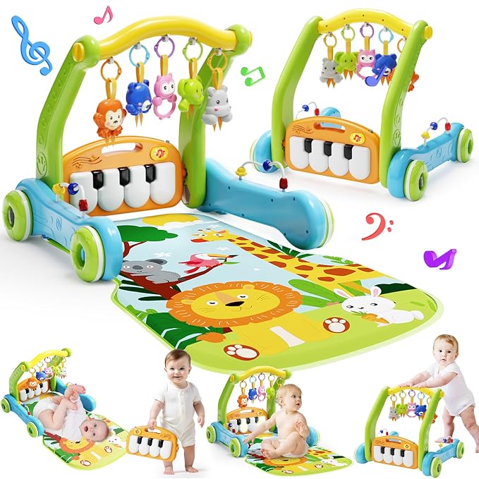 Baby Gym Play Mat with Walker, 2 IN 1 Kick and Play Piano Activity Center with Light & Music, Tummy Time Mat & Baby Push Toys for 0-6 12-18 Months, Sit-to-Stand Learning Walker for Infant Toddler Gift