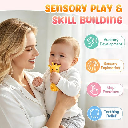 Baby Rattles Teething Toys 3-6 6-12 Month, Multi-Functional BPA-Free Silicone Teether Toys for Teething Relief & Sensory Rattle Play, Perfect Infant Newborn Toys & Baby Gifts (Yellow)