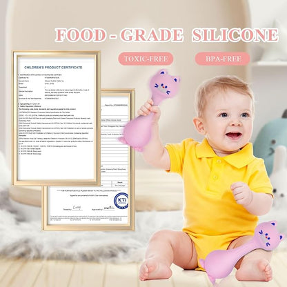 Baby Rattle Teething Toys Cat Silicone Teether Rattles for Baby 0-12 Months Food Grade Silicone (Pink)