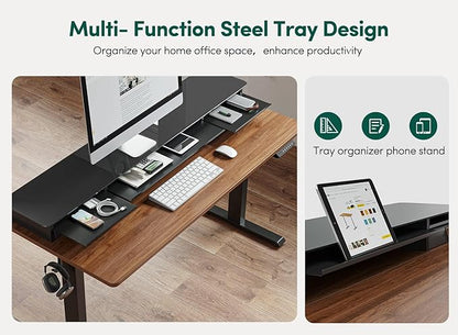 FEZIBO 48 x 24 Inch Height Adjustable Glass Electric Standing Desk with Double Drawer, Stand Up Desk with Storage Shelf, Sit Stand Desk, Black Walnut